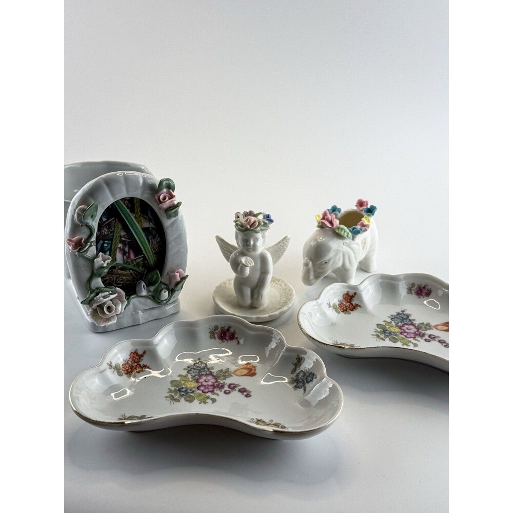 Romantic Floral Porcelain Decor Set w/ Angel, Elephant Planter & Trinket Trays